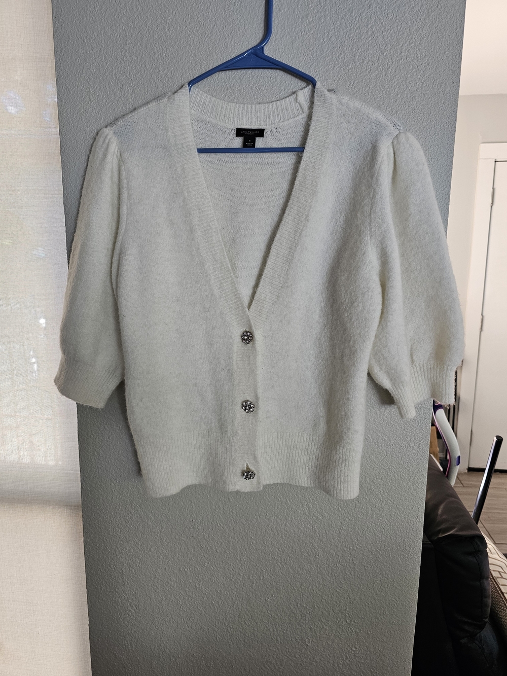 Ann Taylor Factory Cream Short Puff Sleeve Button Cardigan